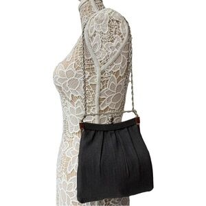 Vintage Black Pleated Clutch with Adjustable Chain Kiss Lock Evening Bag